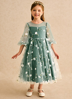 Azazie Elowen vestidos de niña de las flores Vestido Verde Oscuro de Encaje de Línea A con Escote corazón image3