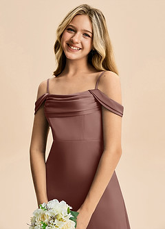 Azazie Lettie Junior Linia A Zza ramienia Satyna elastyczna Długość podłogi Młodsza druhna Sukienka image5