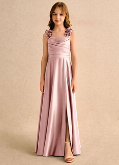 Azazie Rosita Girls Formal Robe Demoiselle D'honneur Fillette Robe Trapèze en Mat Satiné Plissée Rose Poudré image3