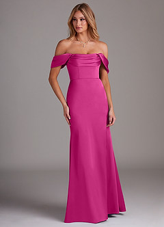 Azazie Saige Bridesmaid Dresses Fuchsia Sheath Off the Shoulder Stretch Satin Dress image4