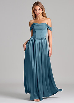 Azazie Raisa At-home Try On Dresses Sky Blue A-Line Off the Shoulder Stretch Satin Dress image3