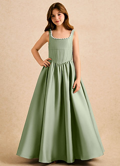 Azazie Enid Girls Formal Blomsterpigekjoler A-Line Perlebesat Stræk satin Gulv-længde Kjole image4