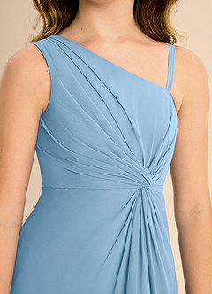 Azazie Brooke Junior Vestido de Azul Acero de Gasa de Corte En A con Corte Lateral image7