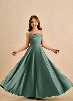Azazie Coconut Girls Formal Flower Girl Dresses Eucalyptus A-Line Pleated Stretch Satin Dress image5