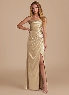 Azazie Marzia Bridesmaid Dresses Champagne Mermaid Pleated Metallic Satin Dress image1