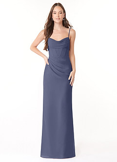 Azazie Mai Robes de demoiselle d'honneur Robe Fourreau en Mousseline de soie Plissée Bleu Orageux image1