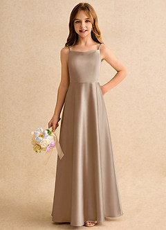 Azazie Joella Girls Formal Flower Girl Dresses Taupe A-Line Pleated Stretch Satin Dress image3