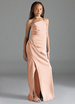 Azazie Eren Junior Rose Gold Sheath Pleated Stretch Satin Dress image4