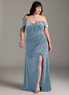 Azazie Jas Bridesmaid Dresses Dusty Blue Sheath Off-The-Shoulder Corset Velvet Convertible Dress image11