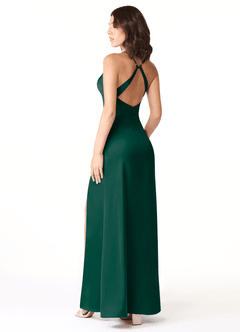 Azazie Geanna Vestidos de damas de honor Vestido de Esmeralda de Satén Elástico de Corte Recto con Cuello en V Plisado image4