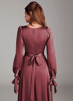 Azazie Leonia Brautjungfernkleider A-Linie Langarm Stretch-Satin Kleid Merlot image6