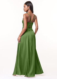 Azazie Maksim Bridesmaid Dresses Basil A-Line V-Neck Stretch Satin Dress image2