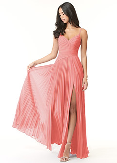Azazie Vini Bridesmaid Dresses Coral A-Line V-Neck Pleated Chiffon Dress image1