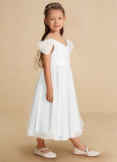 Azazie Lizzette Flower Girl Dresses Diamond White A-Line Ruched Tulle Dress image1