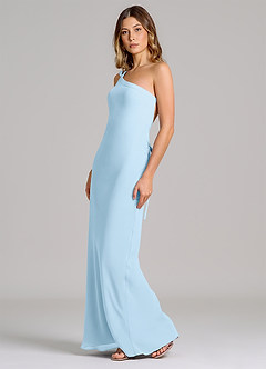 Azazie Monroe Vestidos de damas de honor Vestido de Azul Cielo de Gasa de Corte Recto con Hombro unilateral image4