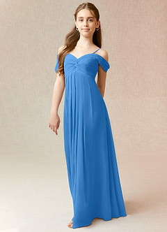 Azazie Kaitlynn Junior Robe Trapèze en Mousseline de soie Épaule décolletée Geai Bleu image4