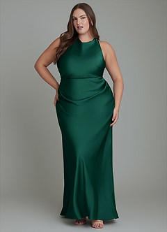 Azazie Evadne Bridesmaid Dresses Emerald Sheath Pleated Stretch Satin Dress image7