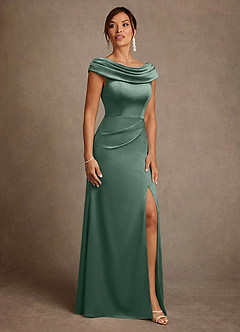 Azazie Irvine Mother of the Bride Dresses Eucalyptus A-Line Pleated Stretch Satin Dress image4