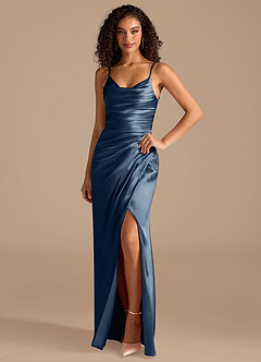 Azazie Deandra Bridesmaid Dresses Dark Navy Mermaid Pleated Metallic Satin Dress image1