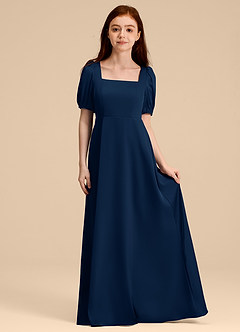 Azazie Briar Junior Robe Trapèze en Satin extensible Arc Bleu Marine Foncé image3