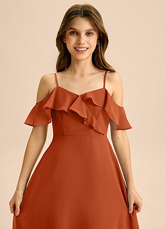 Azazie Kamilla Junior Abito A-Line in Chiffon a Spalla Scoperta Arancia Bruciata image7