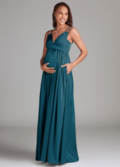 Azazie Emree Robes de demoiselle d'honneur de maternité Robe Trapèze avec poches Longueur ras du sol Satin extensible image3