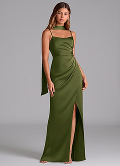 Azazie Calandra Brautjungfernkleider Etui Plissee Stretch-Satin Kleid Helles Olivgrün image2