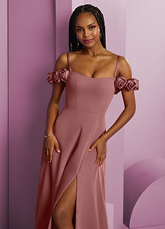 Barbie ♥ Azazie Suknie dla druhen Rozkloszowana szyfonowa sukienka z odkrytymi ramionami i kwiatowymi rozetkami image3