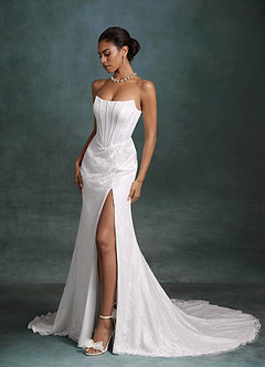 Azazie Zelda Wedding Dresses Diamond White Mermaid Side Slit Lace Dress image11
