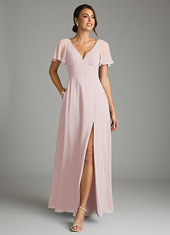 Azazie Kimber Bridesmaid Dresses Blushing Pink A-Line Flounce Sleeve Chiffon Dress image4