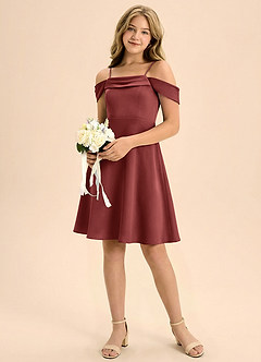 Azazie Anselie Junior Terracotta A-Line Off the Shoulder Stretch Satin Dress image1