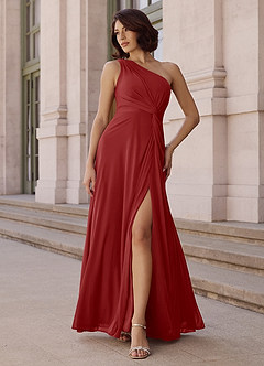 Azazie Brooke Bridesmaid Dresses Rust A-Line One Shoulder Chiffon Dress image2