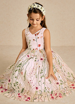 Azazie Arianna Flower Girl Dresses Blushing Pink A-Line Lace Tulle Dress image4