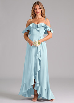 Azazie Lyra Robes de demoiselle d'honneur Robe Trapèze Convertible en Satin extensible Épaules dénudées Bleu Nuage image5