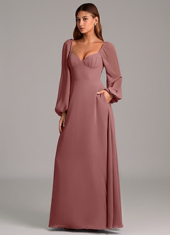 Azazie Annistyn 신부 들러리 드레스 A라인 긴팔 쉬폰 바닥 길이 드레스 image1