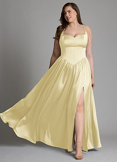Azazie Francis Bridesmaid Dresses Lemon Sorbet A-Line Corset Stretch Satin Dress image11