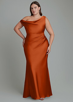 Azazie Emerson Bridesmaid Dresses Burnt Orange Mermaid Off the Shoulder Stretch Satin Dress image8