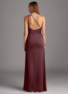 Azazie Mika Bridesmaid Dresses Sangria Sheath One Shoulder Stretch Satin Dress image2