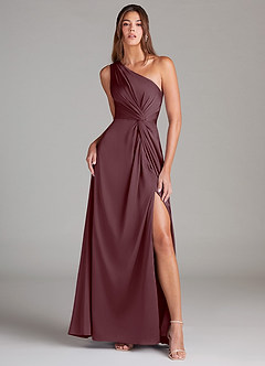 Azazie Brooke Bridesmaid Dresses Sangria A-Line One Shoulder Stretch Satin Dress image1