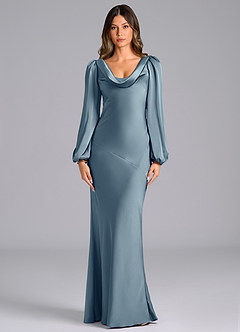 Azazie Rylina Bridesmaid Dresses Dusty Blue Mermaid Long Sleeve Stretch Satin Dress image1