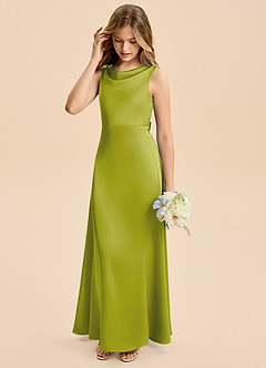 Azazie Kiki Junior Lemongrass A-Line Bow Stretch Satin Dress image4