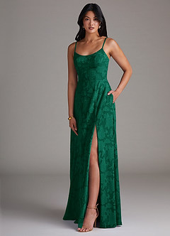 Azazie Moira Bridesmaid Dresses Emerald A-Line Side Slit Floral Burnout Dress image3