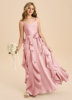 Azazie Peyton Junior Powder Pink A-Line Pleated Stretch Satin Dress image1