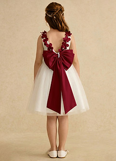 Azazie Lona Abiti da Ragazza di Fiori Abito A-Line in Raso Opaco Fiocco Avorio Borgogna image2