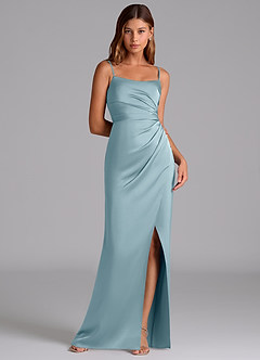 Azazie Calandra Robes de demoiselle d'honneur Robe Trapèze en Satin extensible Plissée Bleu Maussade image1