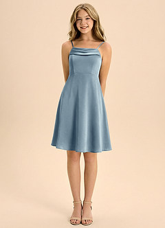 Azazie Anselie Junior Linia A Pofałdowany Satyna elastyczna Mini Młodsza druhna Sukienka image5