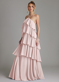 Azazie Deena Vestidos de damas de honor Vestido de Rosa Rubor de Gasa de Corte en A con Volante image5
