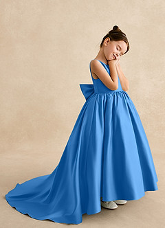 Azazie Mimia Robe Demoiselle D'honneur Fillette Robe Trapèze en Mat Satiné Arc Geai Bleu image4