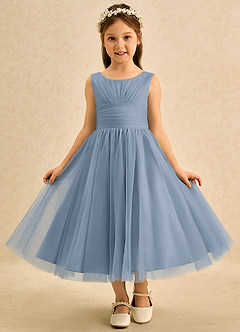 Azazie Macaron Jurken voor bloemenmeisjes A-Lijn Jurk van Tule Geplooid Stoffig Blauw image3