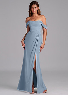 Azazie Johana Vestidos de damas de honor Vestido Azul Polvoriento de Gasa de Corte Sirena Convertible con Hombros descubiertos image7